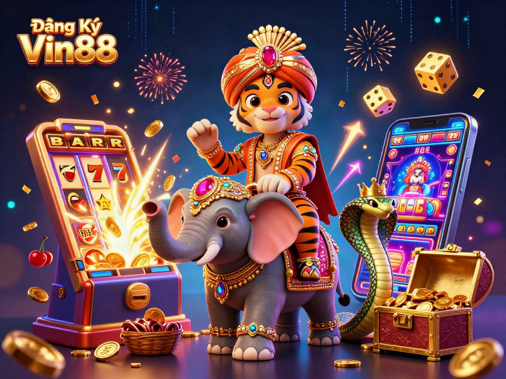 Engage in exciting gameplay at Đăng Ký Vin88 with vibrant scenes of jackpots, adventures, and thrilling thrills.