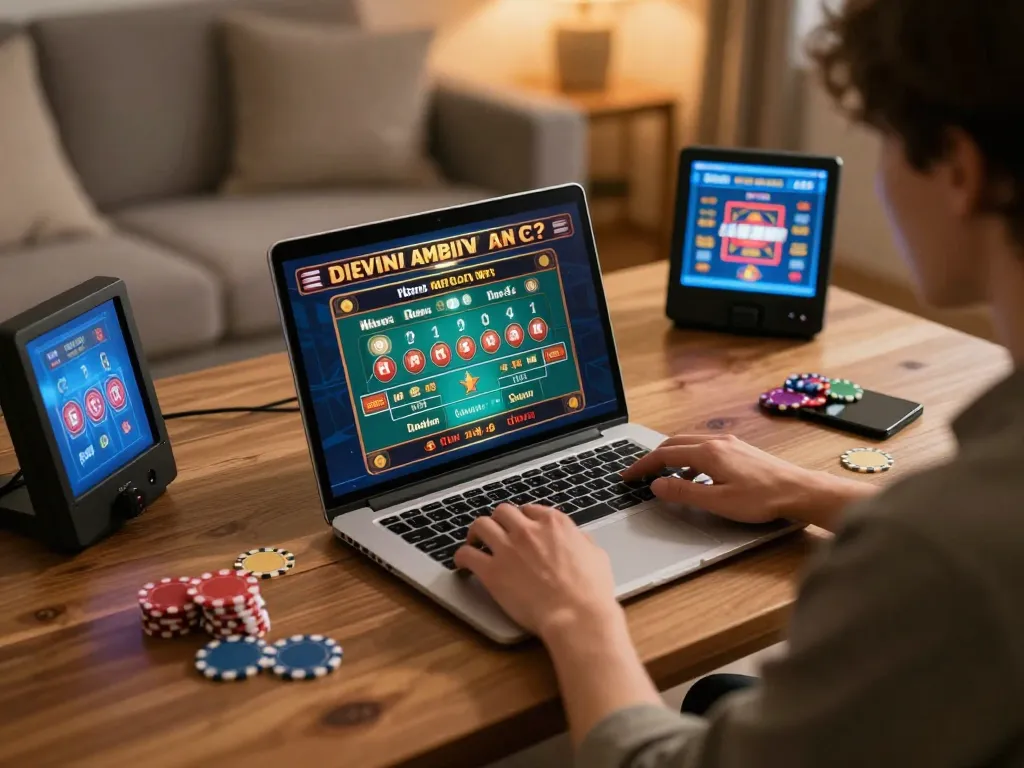 VIN88 player enjoying an online casino experience at home using a laptop, promoting responsible gambling.