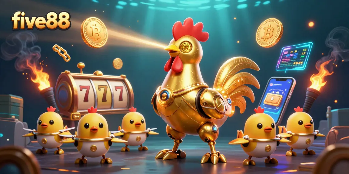 Experience thrilling action with five88's retro-futuristic robot rooster in an enchanting casino scene.