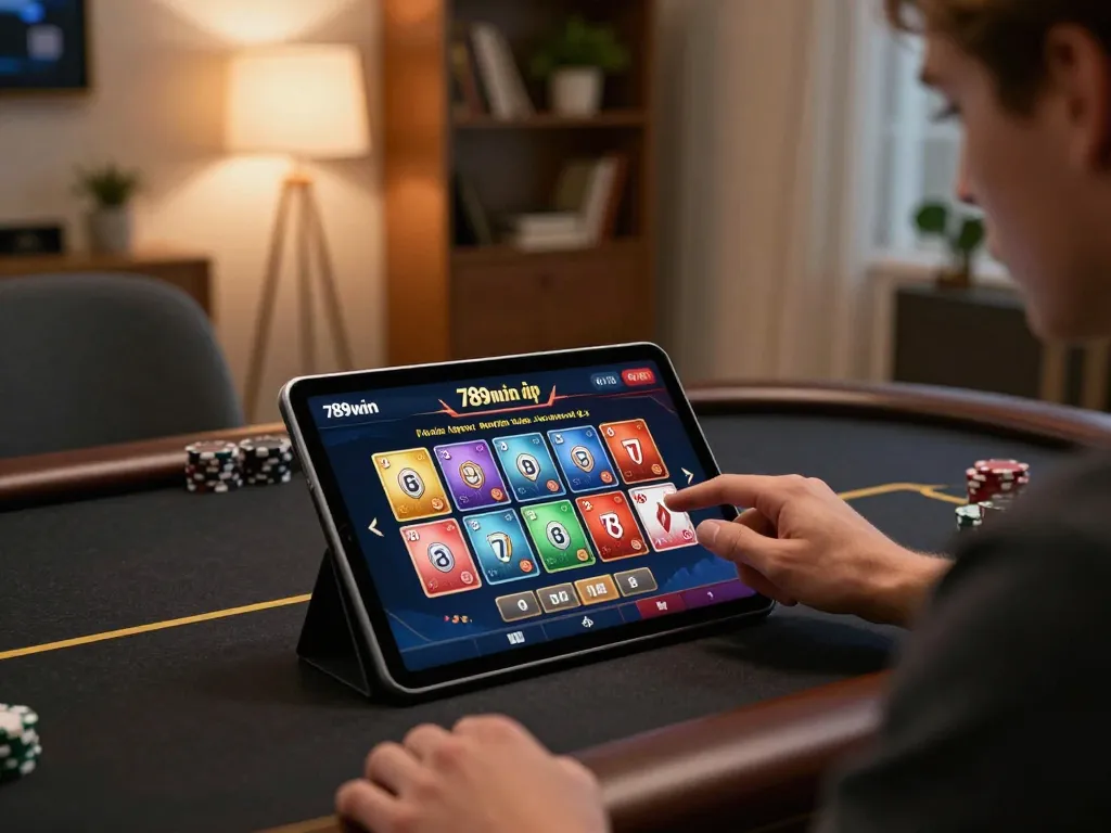 Engaging in thrilling 789win vip online gaming with a tablet in a cozy home setting