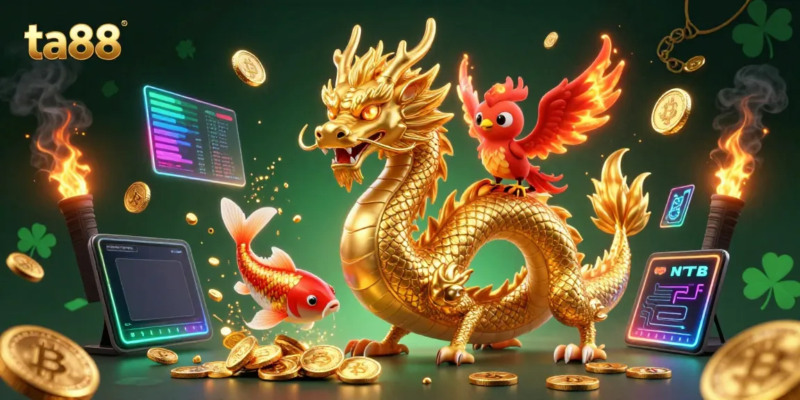 Engage with ta88's vibrant 3D casino scene featuring a powerful dragon, lucky koi fish, and dynamic gold coins.