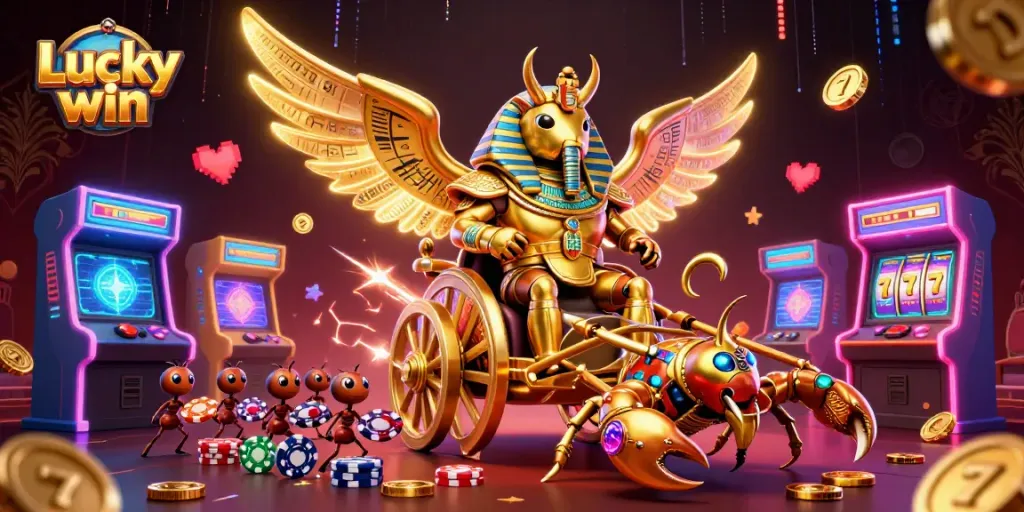 Spin the reels at Lucky win, where a 3D beetle and scorpions bring casino excitement.