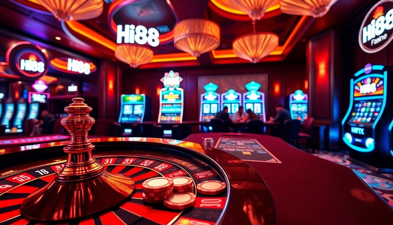 Experience high-stakes gaming at Hi88 casino with vibrant roulette tables and slot machines.