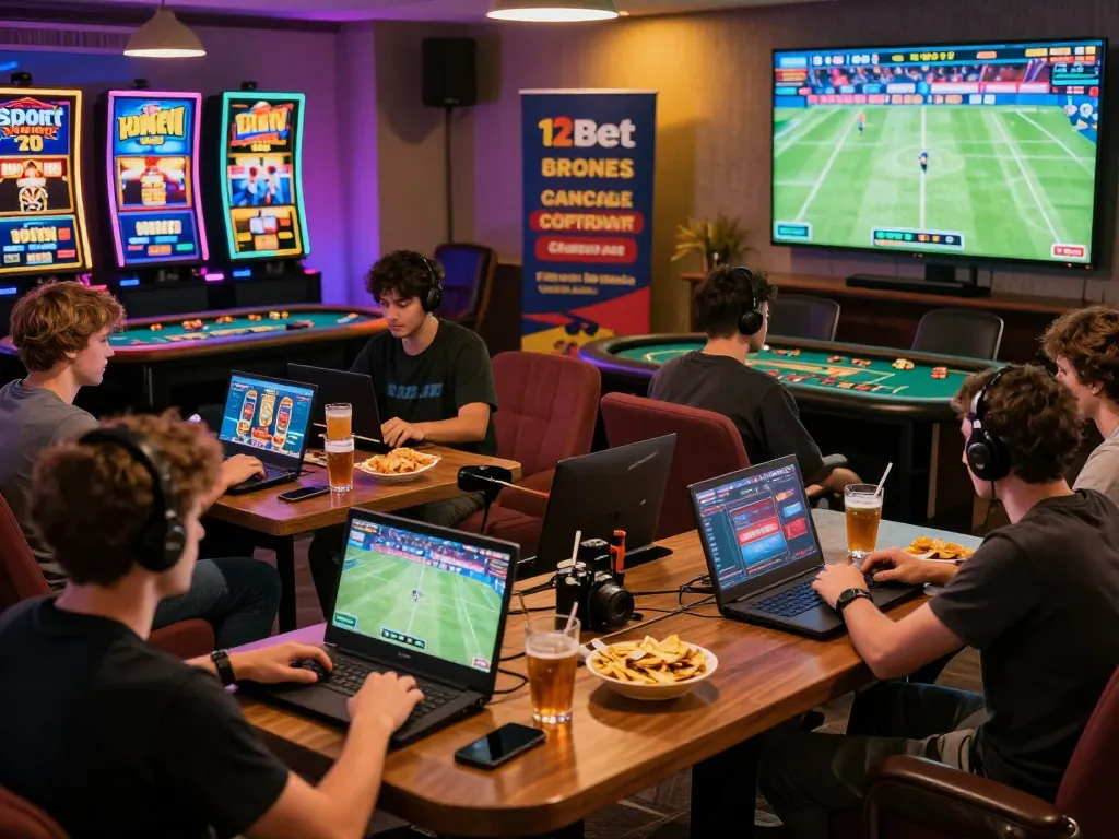 Players enjoying 12bet games in a lively gaming lounge with sports screens and casino tables.