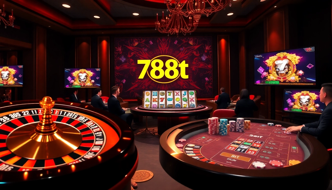 Casino players enjoying the excitement of games at 788t, with vibrant roulette and poker chips.