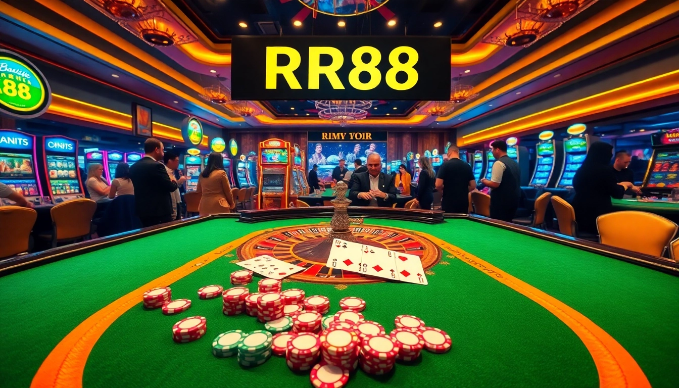 Players enjoying a thrilling game at RR88's upscale casino, filled with vibrant slot machines and a roulette table.