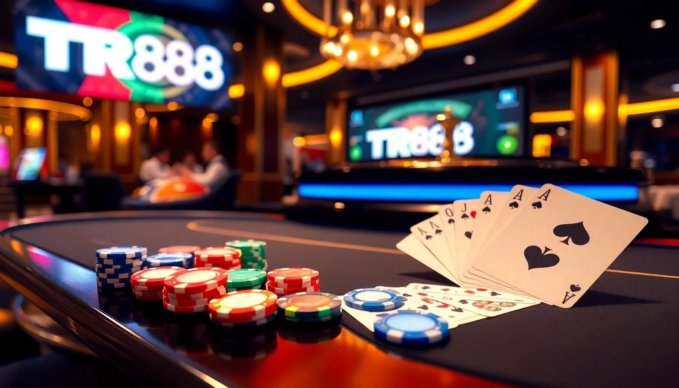 Engaging players at the TR88 online casino table, showcasing vibrant poker chips and cards.