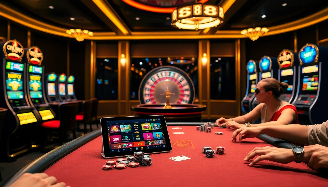 Exciting poker gameplay at 688v, featuring colorful chips and a lavish casino atmosphere.