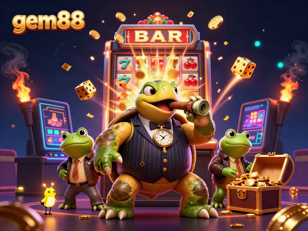 Experience thrilling gameplay at gem88 with an exciting casino-themed illustration showcasing a cartoon turtle and bullfrogs.