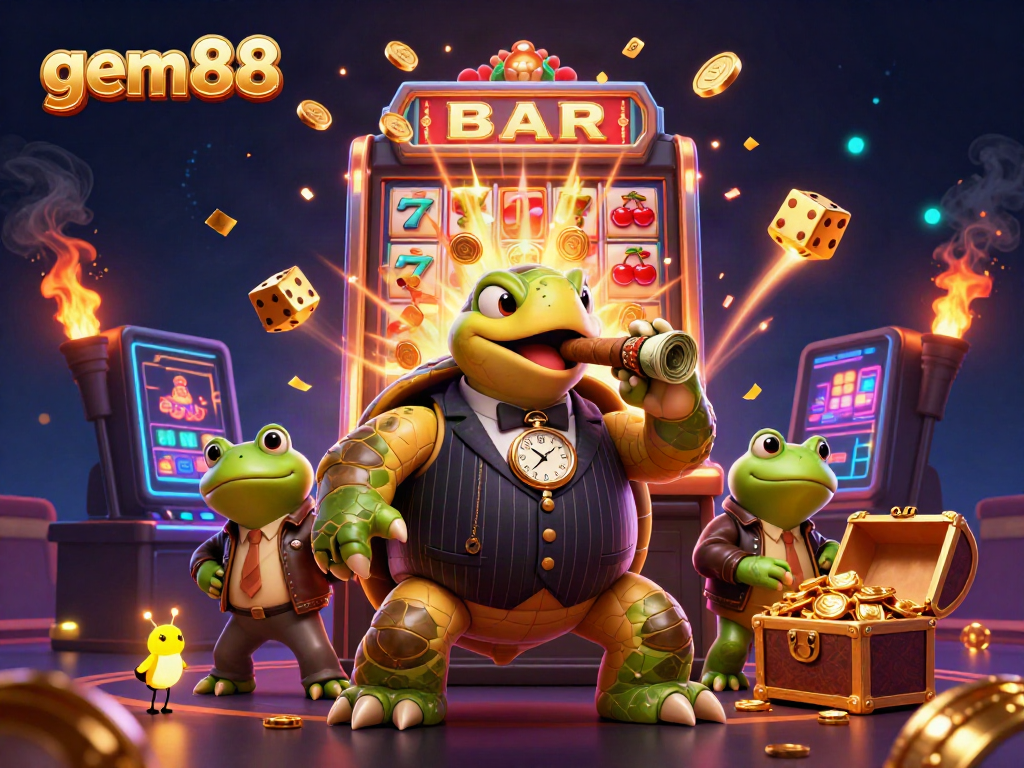Experience thrilling gameplay at gem88 with an exciting casino-themed illustration showcasing a cartoon turtle and bullfrogs.
