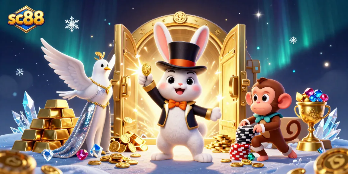 Experience the thrill of sc88 as a magician rabbit pulls coins from a top hat amidst sparkles and excitement.