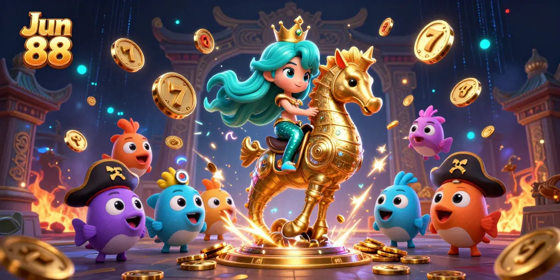 Engage with Jun 88 in this vibrant 3D scene featuring a mermaid, seahorse, and colorful gambling elements.