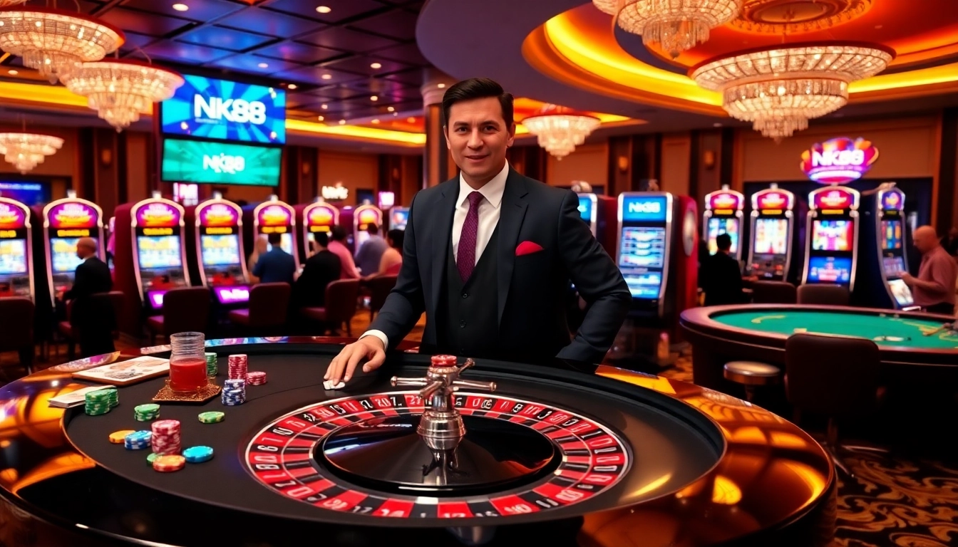 Experience gambling excitement with NK88 at a luxurious casino scene featuring roulette and slots.