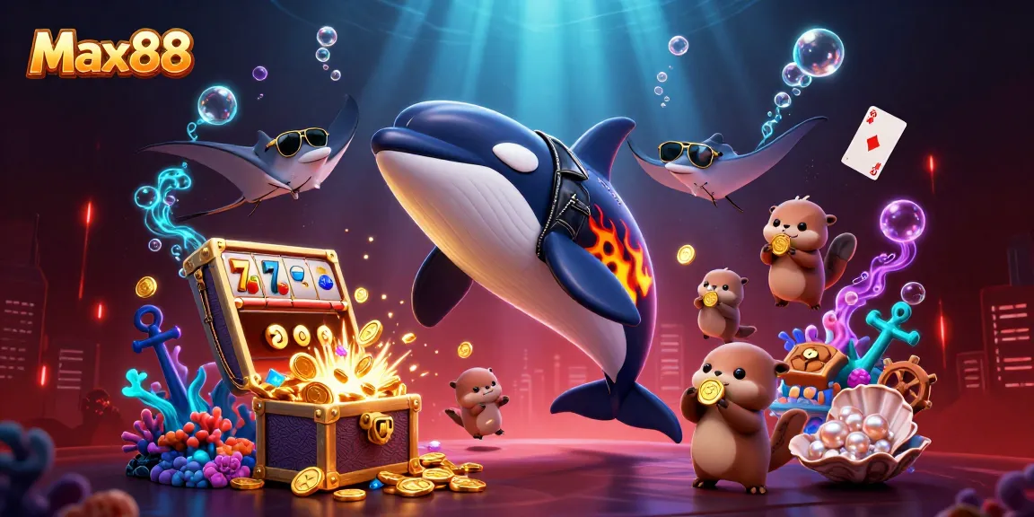 Max88 showcases vibrant casino themes with a playful underwater scene featuring lucky symbols and treasure.