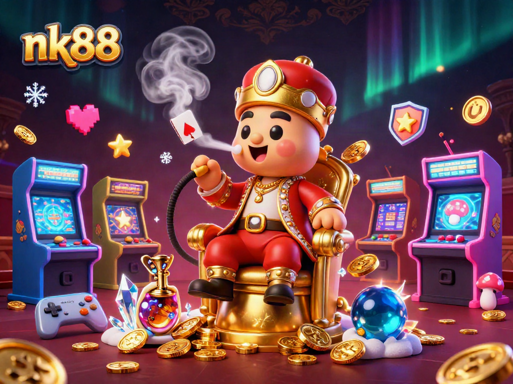 Experience the excitement of nk88 with a vibrant casino-themed illustration featuring a caterpillar, gold coins, and gaming machines.