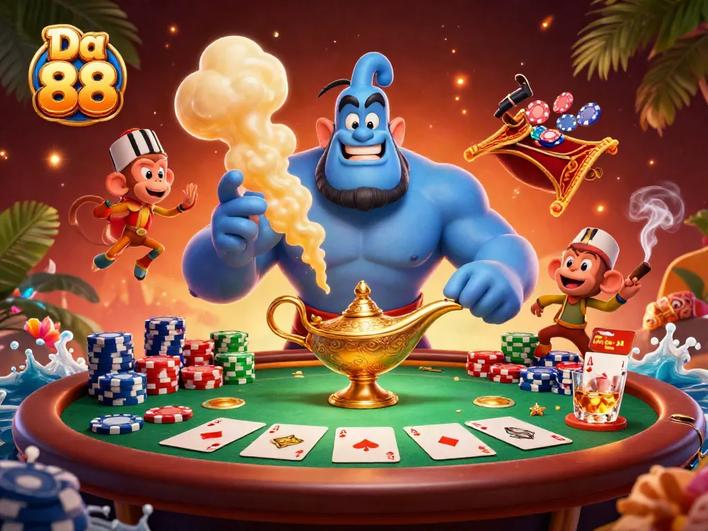 Experience thrilling poker action at Da 88 with a vibrant casino illustration featuring colorful poker chips and characters.