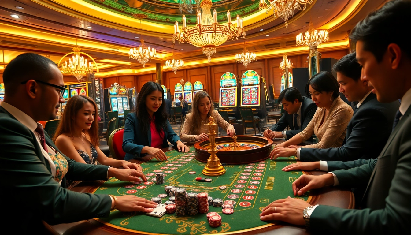 Players enjoying exciting games at a Bomwin casino, complete with vibrant roulette wheels and poker chips.