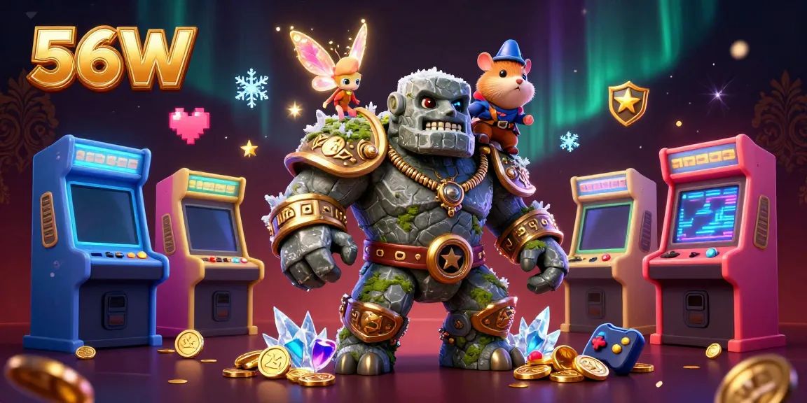 Experience gaming excitement with 56W's vibrant 3D casino illustration featuring a dynamic stone golem guardian.