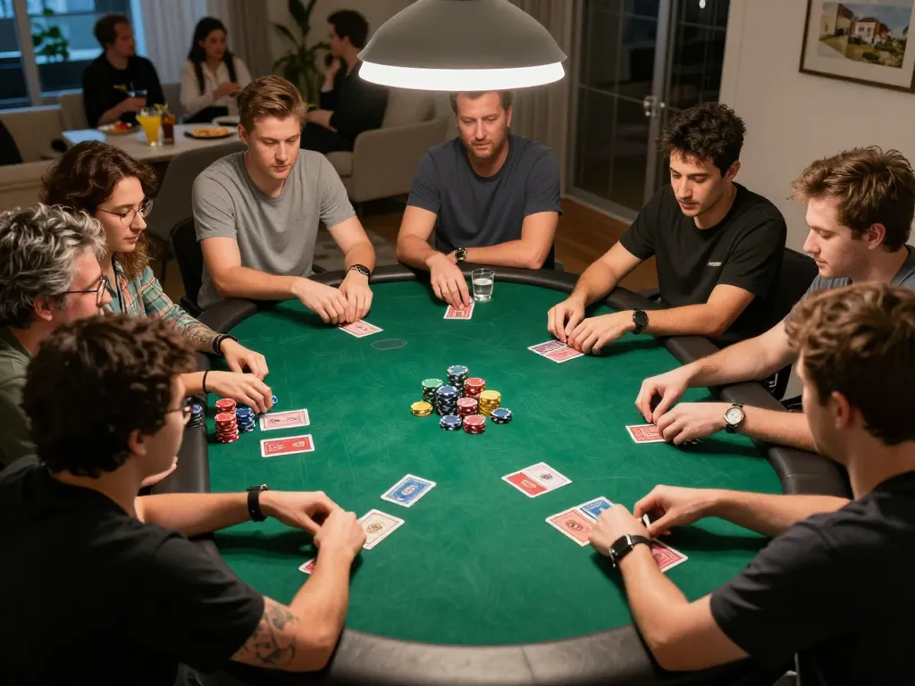 Players enjoying a friendly poker game at home on the 399w platform, showcasing lively interaction and strategic gameplay.
