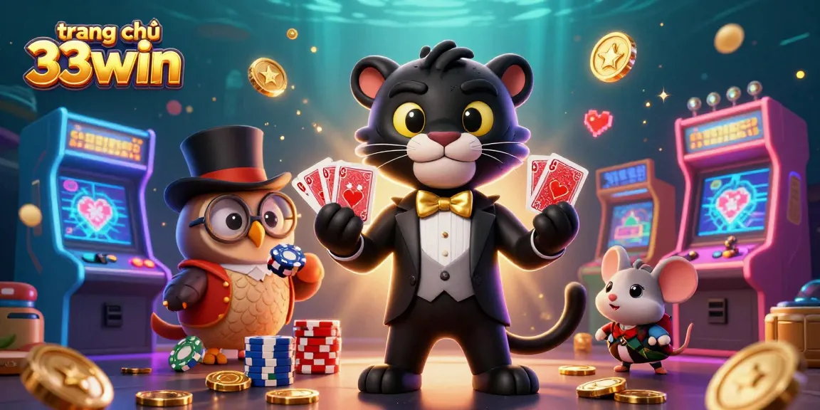 Engage in thrilling gameplay at trang chủ 33win with a stylish panther dealer, owl, and mouse amidst vibrant casino elements.