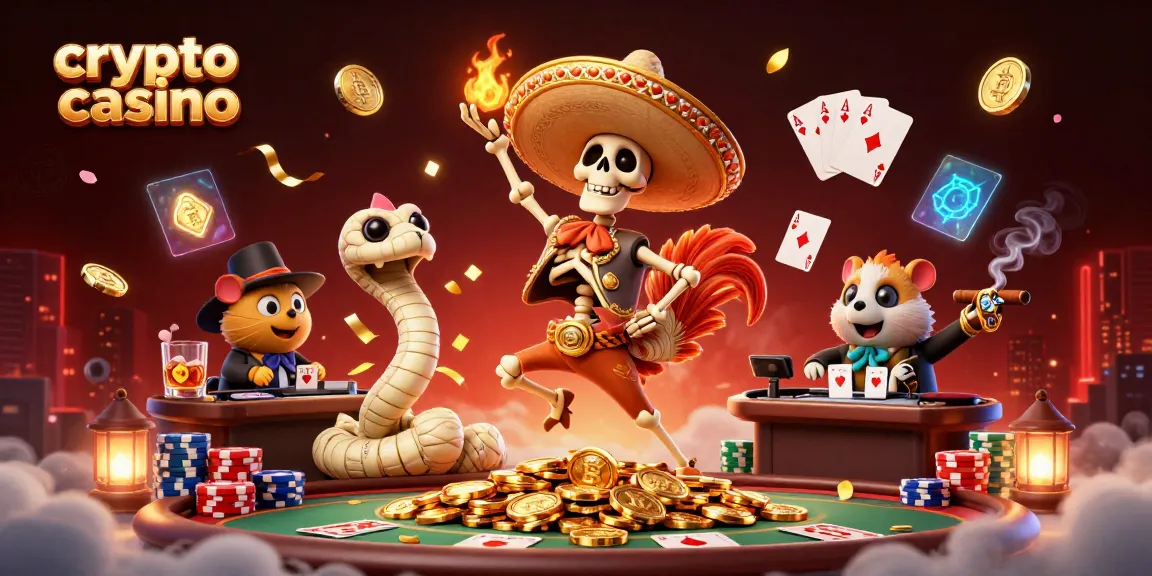 Experience exciting gameplay at a crypto casino with vibrant characters celebrating on golden coins.