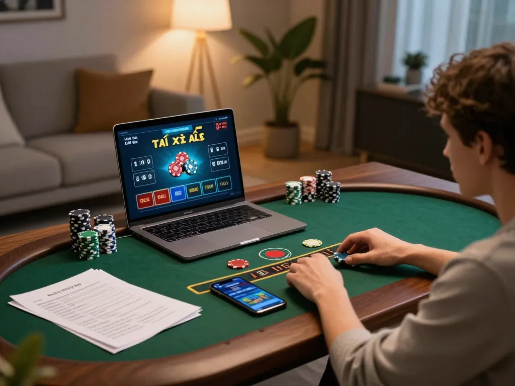 Person playing tài xỉu online on laptop, with strategic betting notes and smartphone beside them.