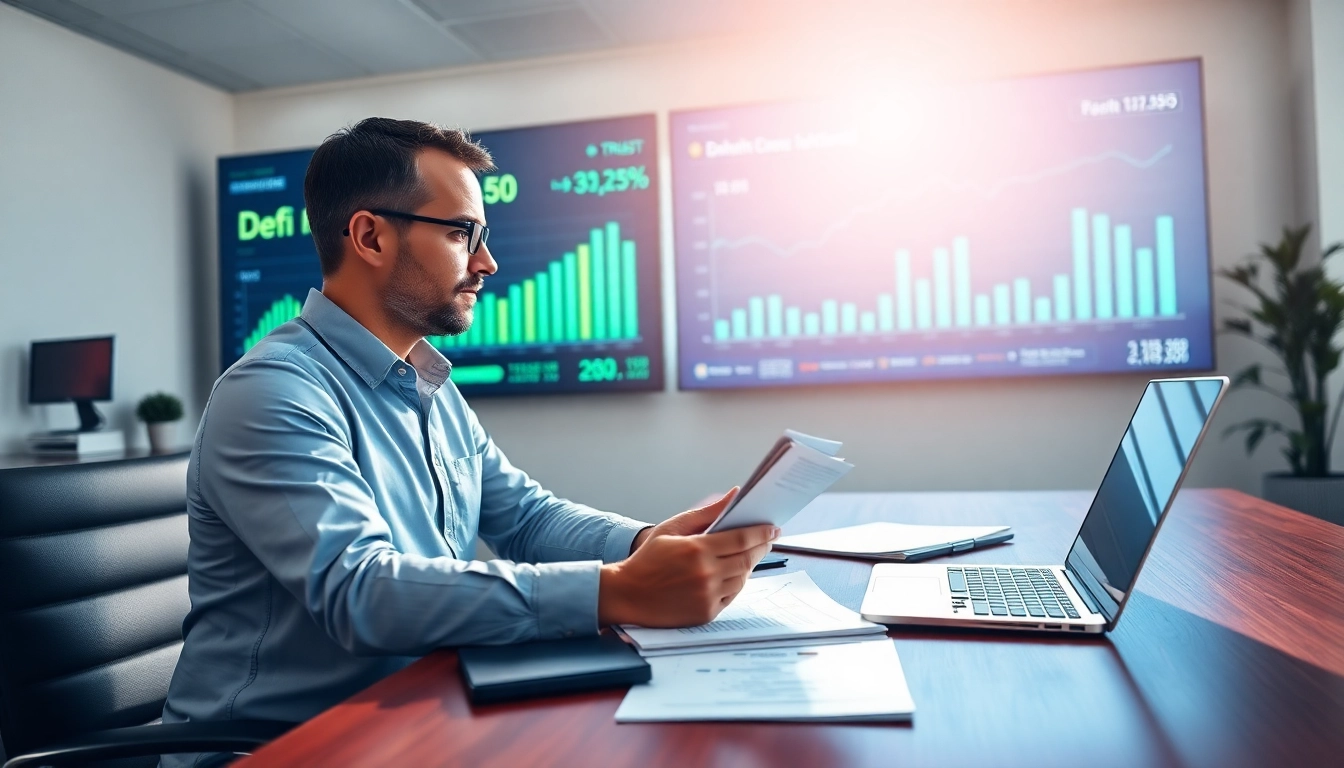Analyse des tendances de l’actualité DeFi par un analyste financier dans un bureau moderne.