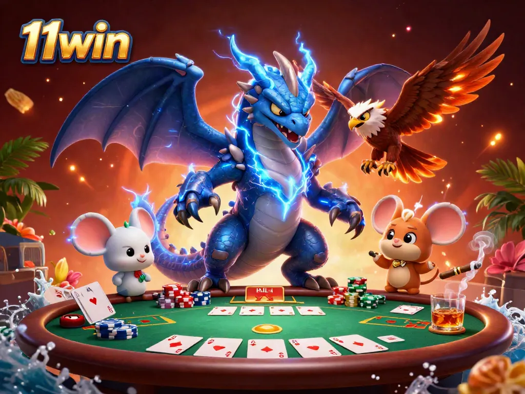 Experience thrilling poker action with 11win's dynamic casino characters and vibrant game elements.