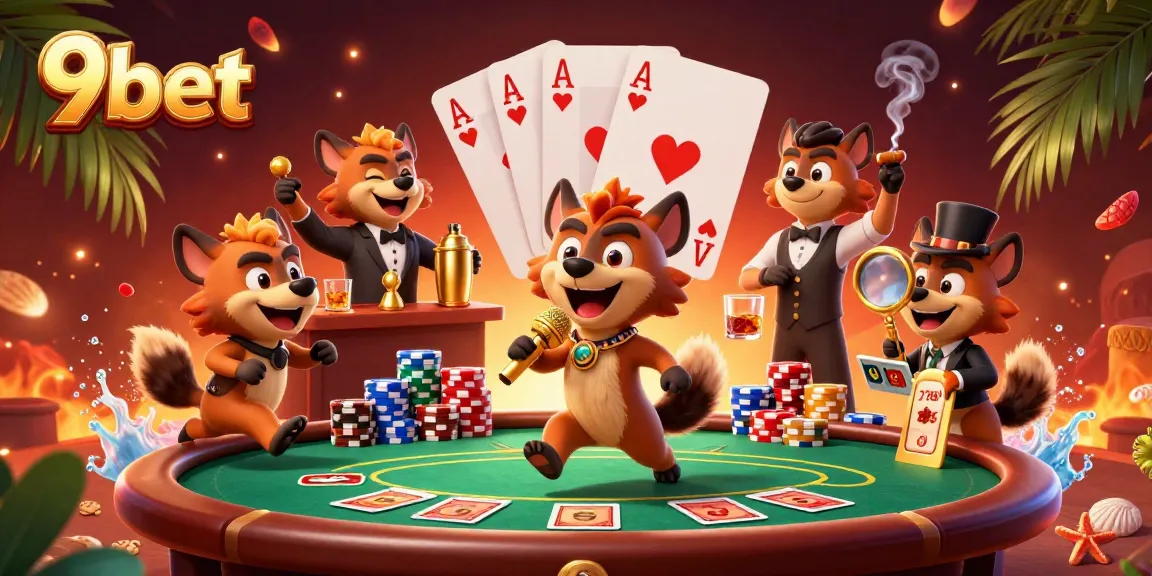 9bet hyenas entertain in a vibrant casino scene with poker elements and golden decor.