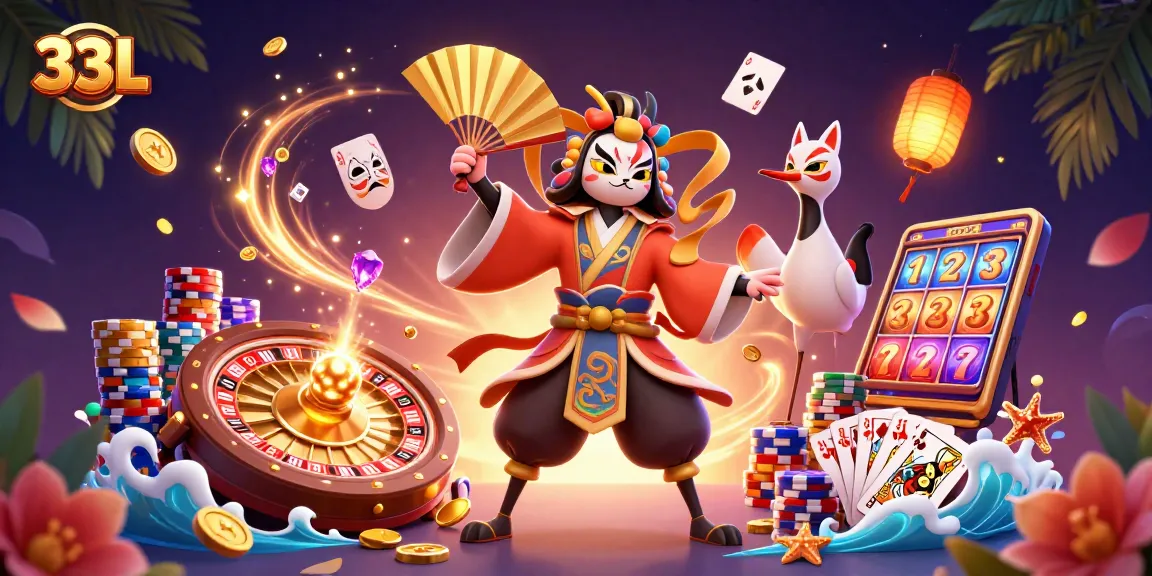 Engage with 33L through an exciting 3D illustration featuring stunning casino elements and vibrant characters.