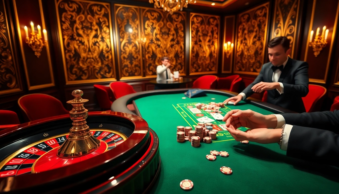 Experience the thrill of gambling at MB66 with a luxury casino scene featuring roulette wheels and poker chips.