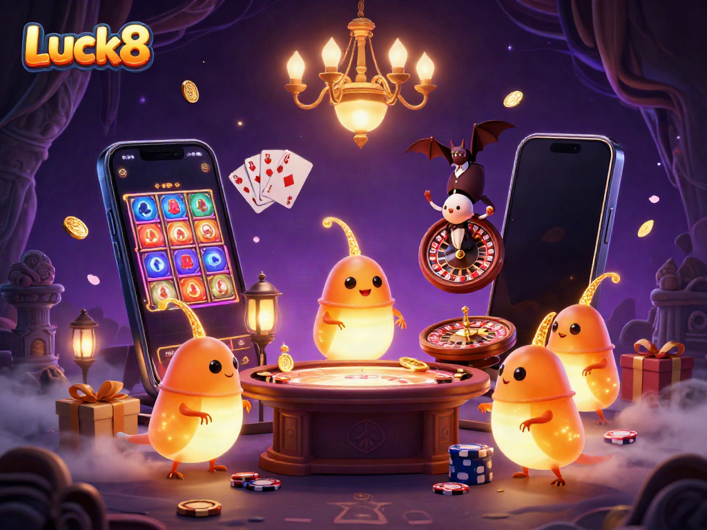 Experience the vibrant Luck8 casino scene illuminated by glowworms, highlighting exciting gaming elements.