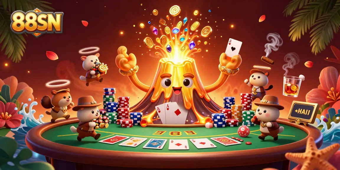 Experience 88SN with a festive volcano scene erupting coins and treasures in a vibrant poker environment.