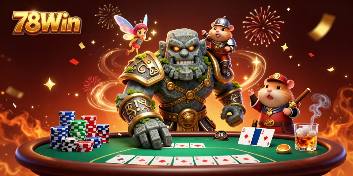 Engage with 78Win in an exciting poker scene featuring magical characters and vibrant casino elements.