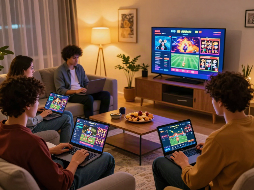 Diverse friends engaging in online NBET gaming at home with devices.