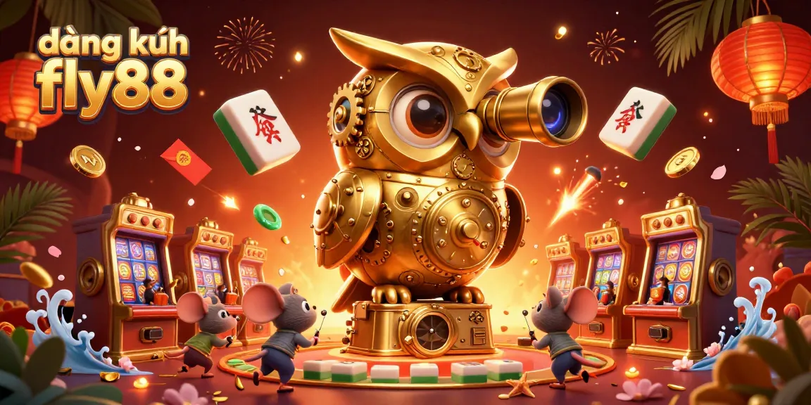 Engage with đăng ký fly88 through this colorful casino scene featuring a golden owl and playful mice.
