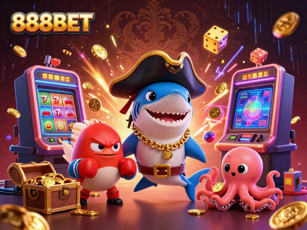 Spin to win at 888BET with an exciting illustration of pirate characters and casino elements.