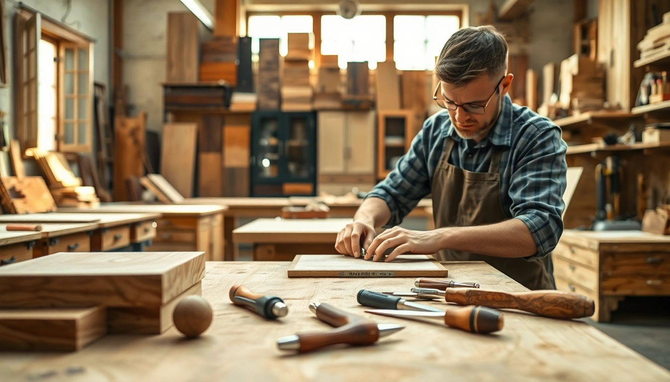 Crafting a custom cabinet showcasing intricate designs and fine craftsmanship in a bright workshop.