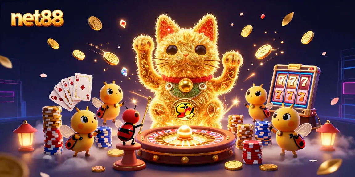Experience net88's excitement with a dynamic lucky cat illustration full of casino symbols and vibrant elements.