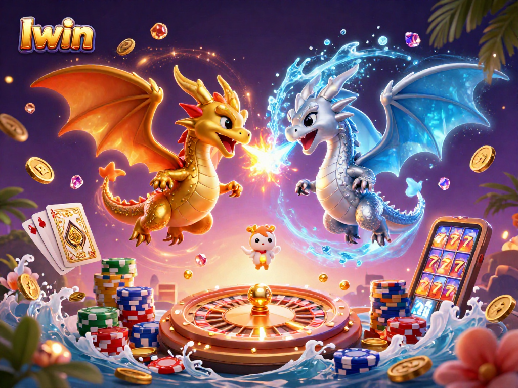 Iwin dragons unleash casino magic amid flying coins, roulette, and poker elements