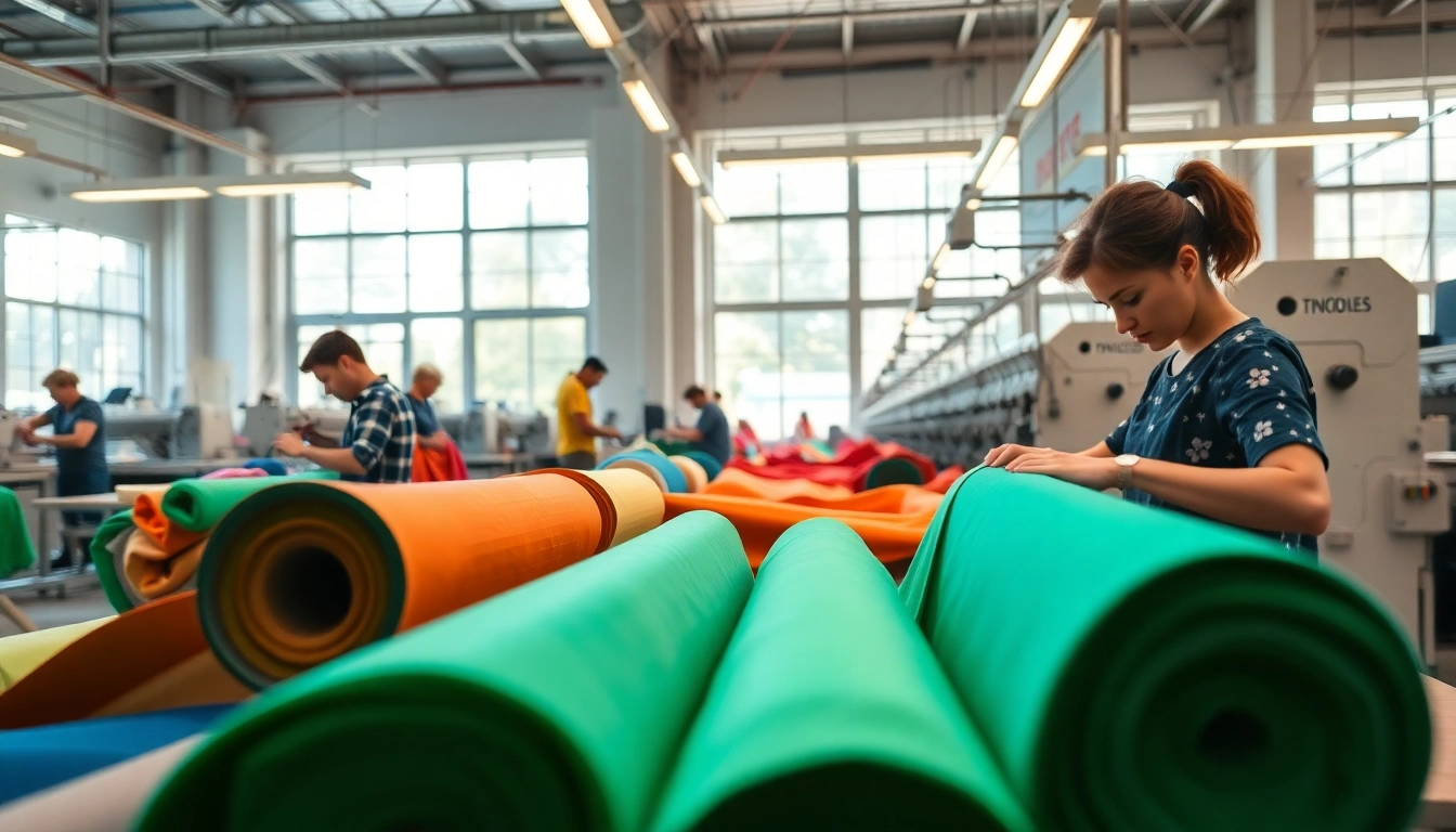 Dynamic scene of a clothing manufacturing company showcasing fabric and skilled workers.