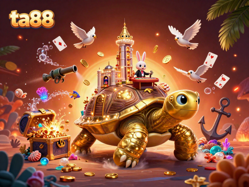 Experience the excitement of ta88 with a vibrant casino world atop a golden tortoise shell, full of treasures and fun!