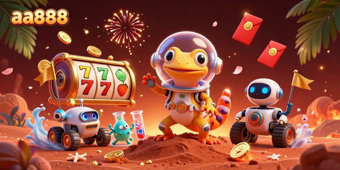 Experience thrilling casino adventures with aa888 in a vibrant 3D illustration featuring a Martian gecko.