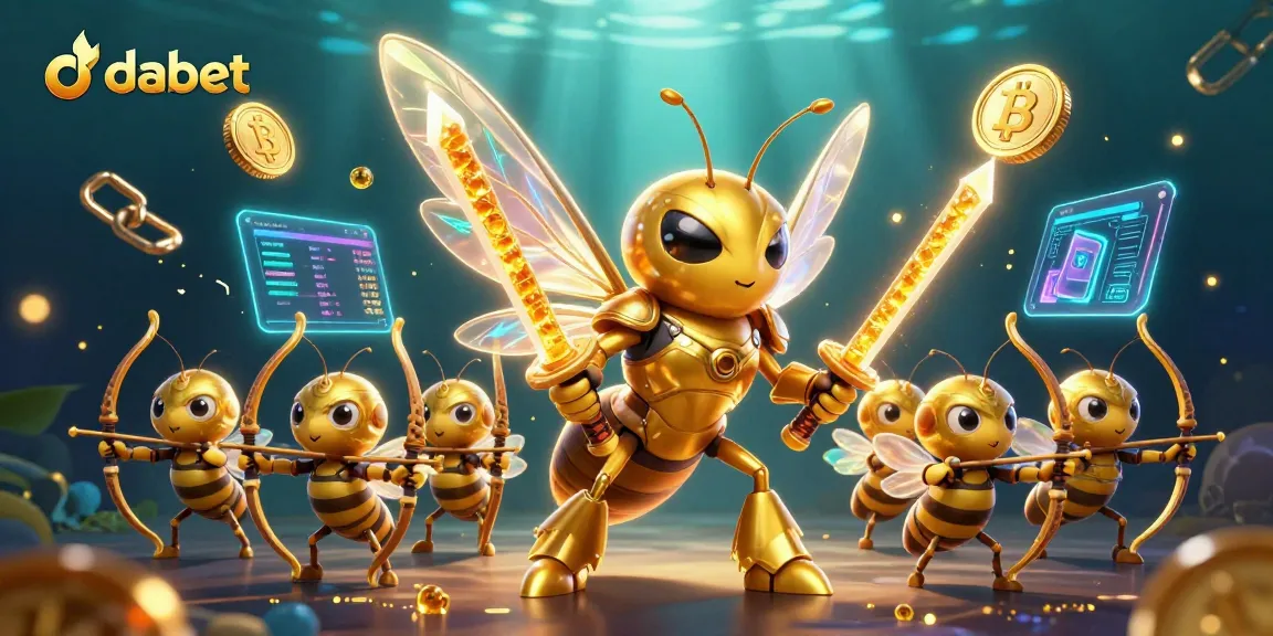 dabet showcases a vibrant 3D illustration of a golden hornet samurai amidst crypto coins and casino elements.