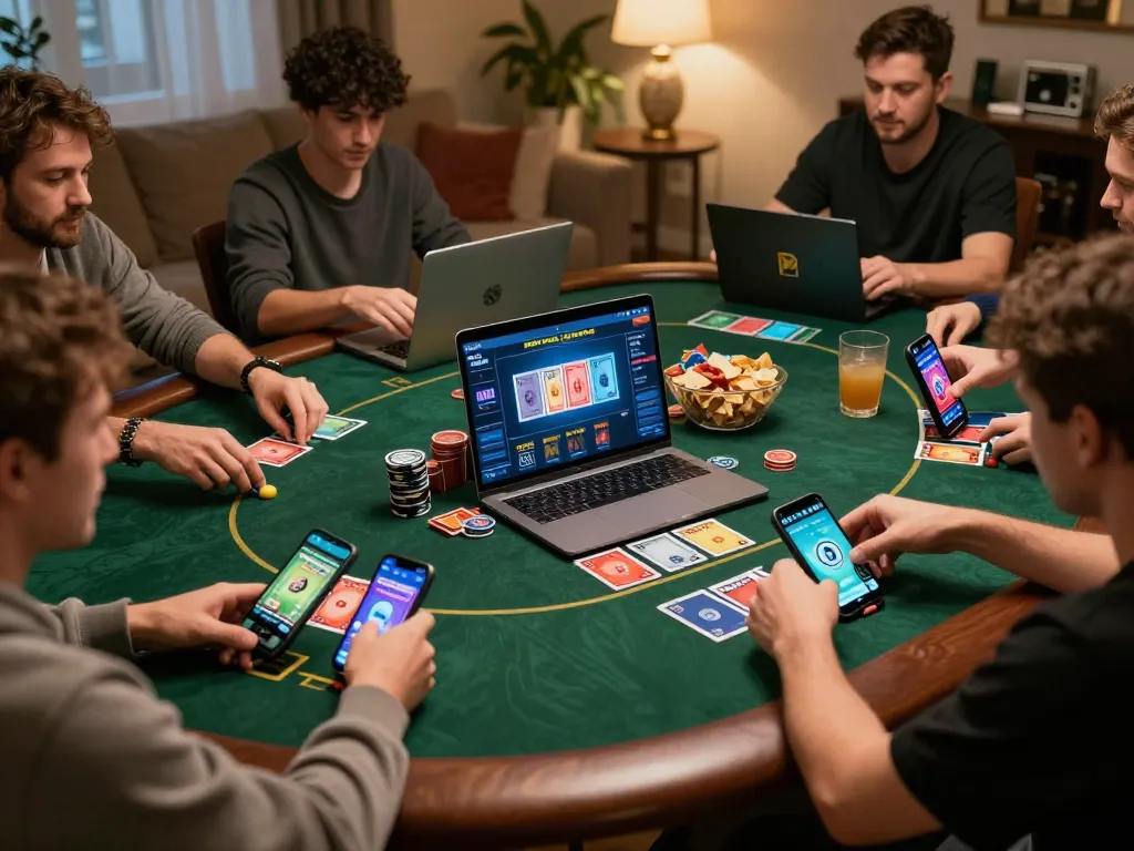 Engaged players enjoying 888NEW online poker game on digital devices in a cozy setting.
