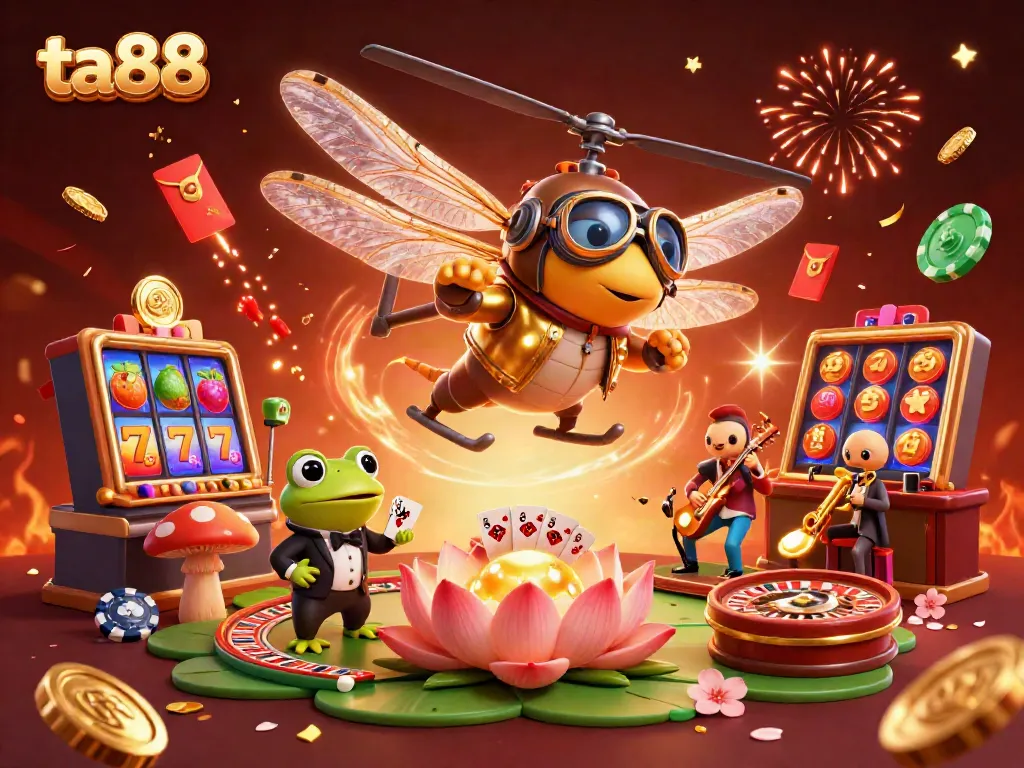 Experience thrilling moments with ta88 at dynamic slots, lively frog croupier, and vibrant casino ambiance.