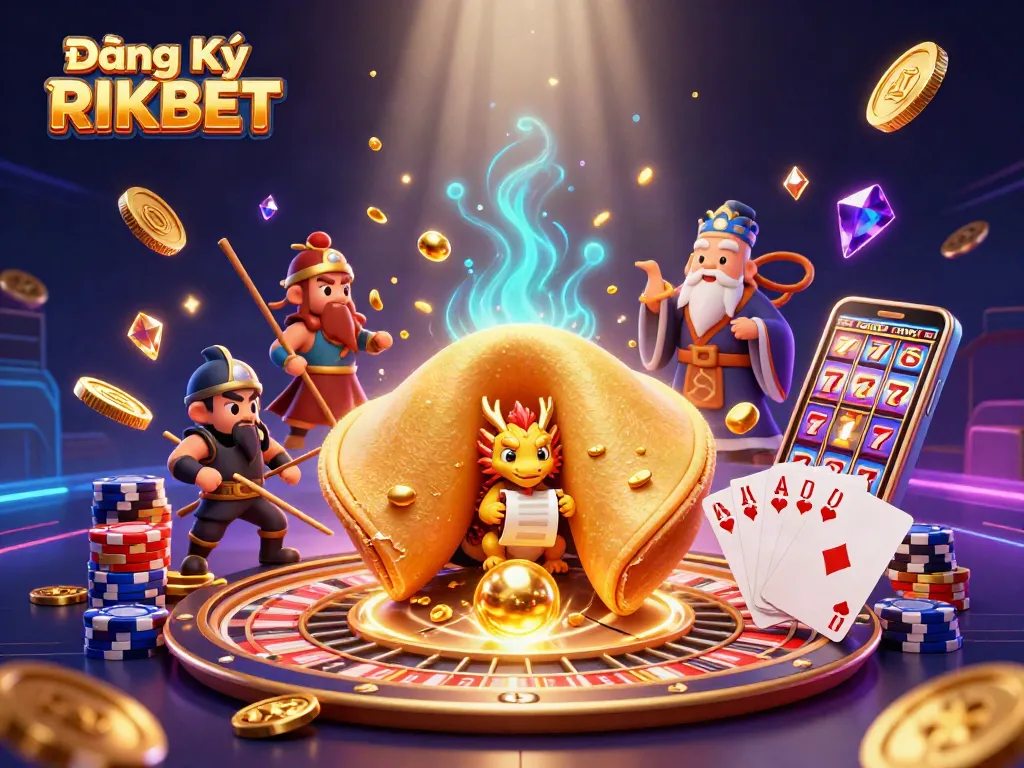 Engage in Đăng Ký RIKBET while discovering a vibrant 3D illustration of fortune cookies and casino elements.