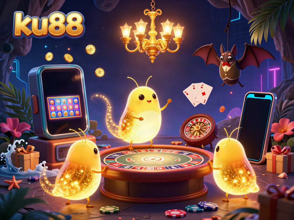 Experience excitement with ku88 in a vibrant cave casino illuminated by glowworms, showcasing thrilling games and vivid colors.