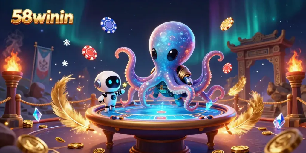 Join the action at 58winin as an alien octopus shuffles holographic poker cards in a vibrant cosmic scene.