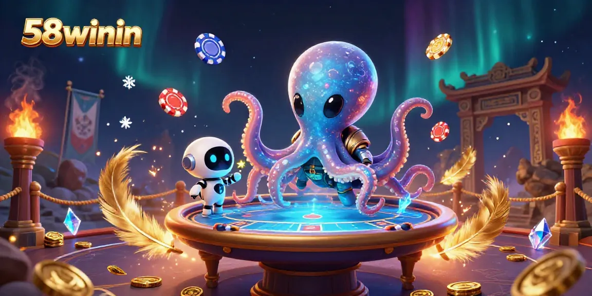 Join the action at 58winin as an alien octopus shuffles holographic poker cards in a vibrant cosmic scene.